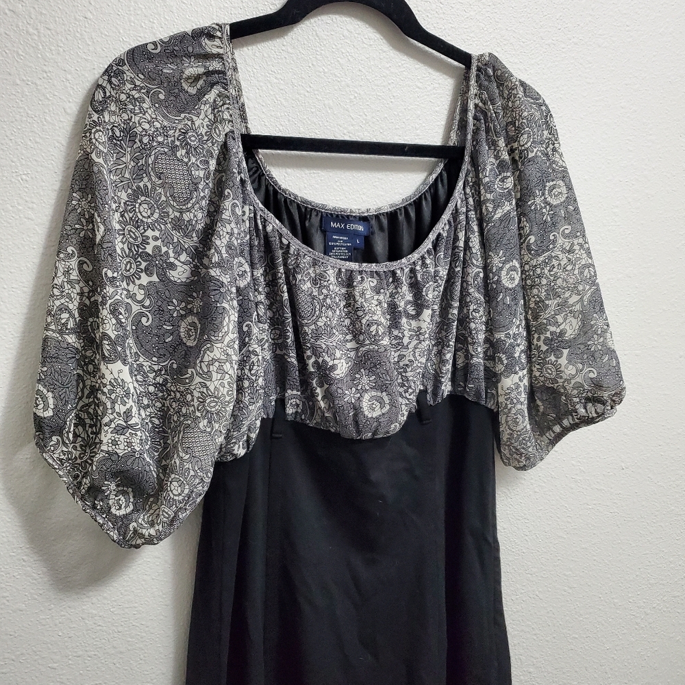 Max Edition Black Gray Puff Sleeve Dress Size Large NWT